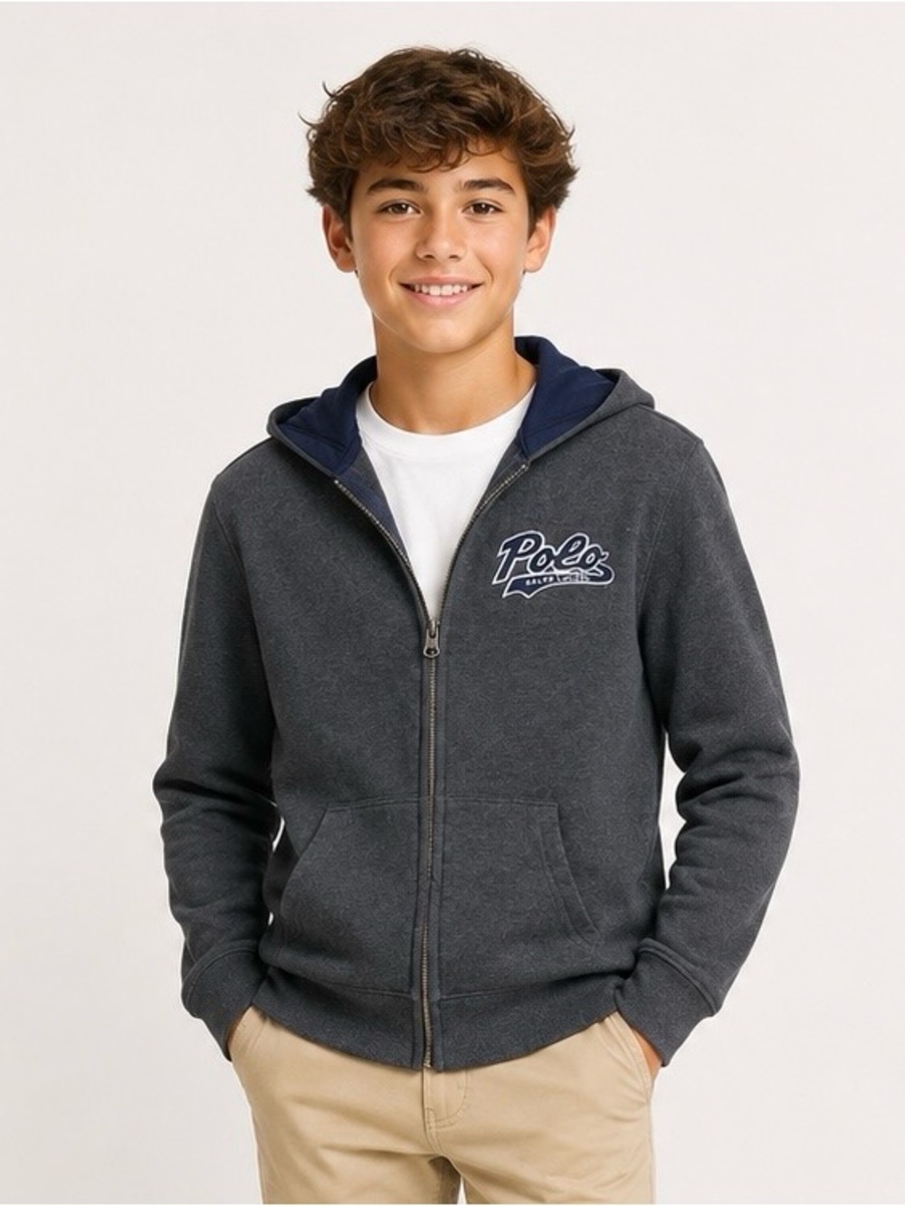 Polo Ralph Lauren Boys Full Zip Hoodie Youth L 14–16yrs Charcoal Preppy Casual